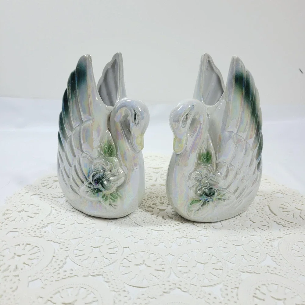 Vintage Lusterware Swan Iridescent Ceramic Figurine Pair Wedding Cake Topper